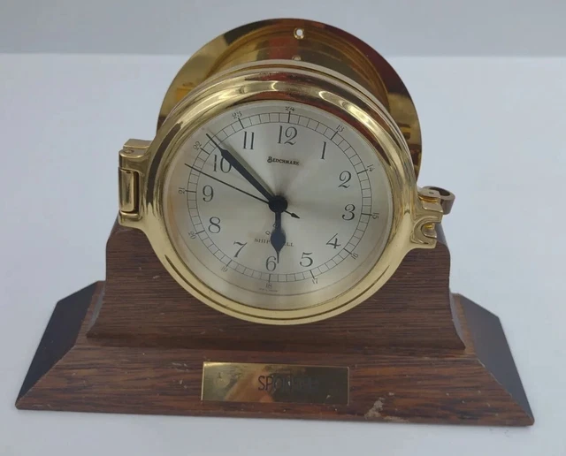 VINTAGE BENCHMARK SHIP'S Bell Germany Quartz Clock With Wooden Base