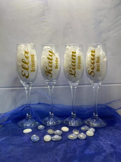 4 X Personalised Wedding champagne flutes/Bride/Groom/Bridesmaid/Best Man