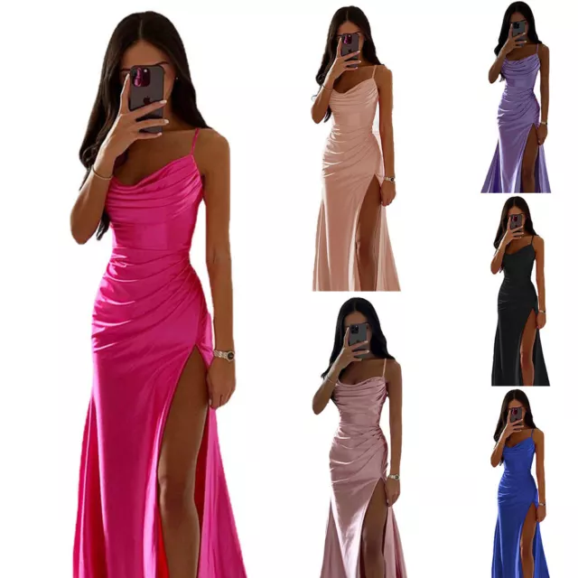 Slit Ball Gown Dress Clbuwear Strap Dress Evening Summer Party Satin Sexy Women