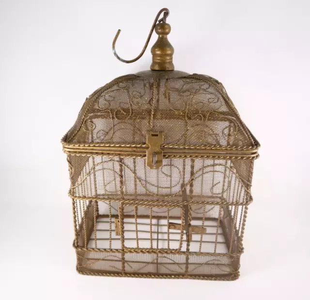 Vintage Antique Gold Tone Metal Cage 12.5" For Home Decor Crafts Top Hook Latchs
