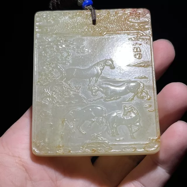 Chinese Antique Qing Dynasty Hetian Jade Carved Eight Horse Designs Pendants