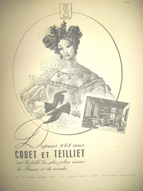 Publicite De Presse Codet Et Teilliet Gants Illustration Ganeau French Ad 1949