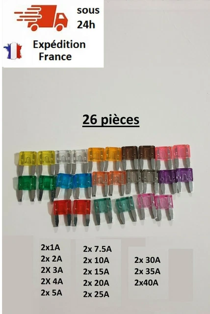 Lot 26 mini fusible moto voiture 1A 2A 3A 4A 5A 7.5A 10A 15A 20A 25A 30A 35A 40A