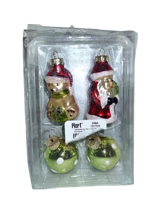 Pier 1 Christmas Glass Ornaments Polar Bear Santa Green Polka Dot Balls 2 1/4"