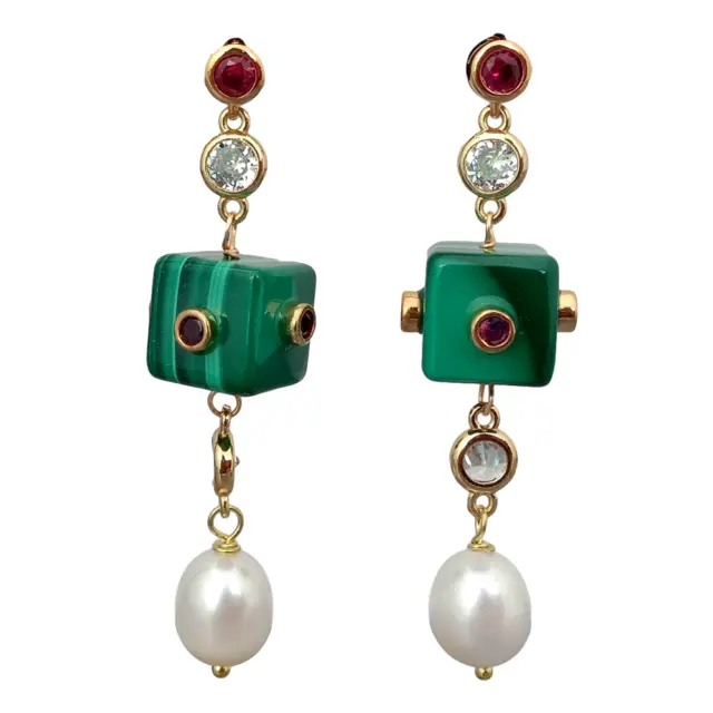 Natural Green Malachite Cube Cz Pave Chain White Rice Pearl Dangle Stud Earrings