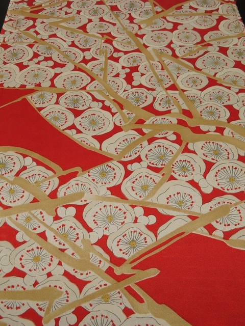 1S06z80 Japanese Kimono Silk  FABRIC Orangered Plum branch 62.2"