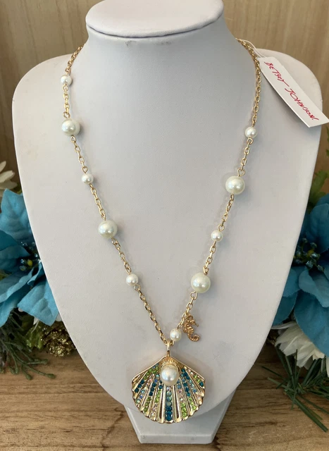 Betsey Johnson Seashell Clam Necklace Seahorse Faux Pearl Rhinestone Gold Tone