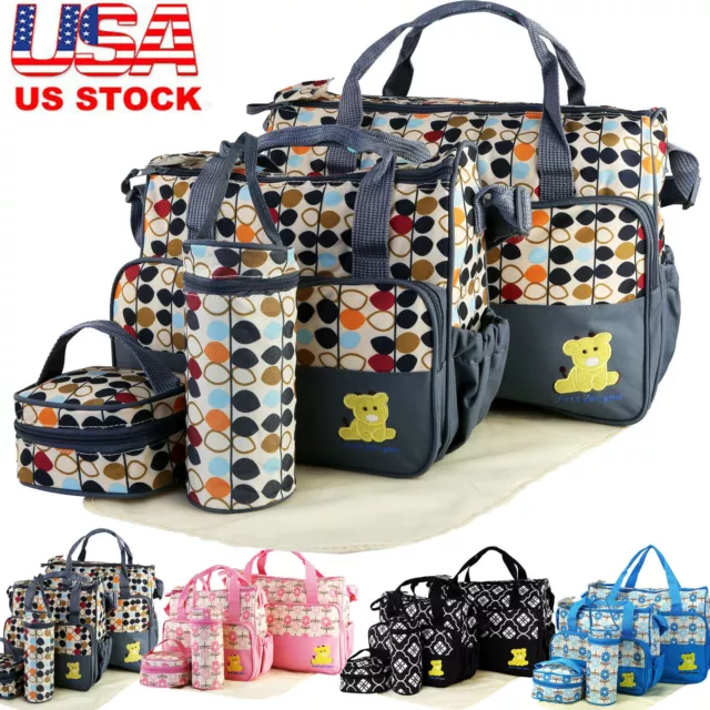 5pcs/Set Baby Diaper Nappy Changing Bag Set Mommy Mom Handbag Mat &Bottle Holder