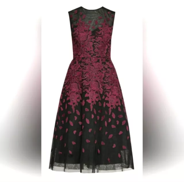 BCBG MAXAZRIA Floral Embroidered Evening Dress 12 Bordeaux Red Black Tulle