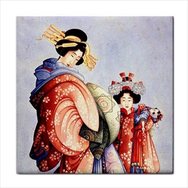 Japanese Women Oiran and Kamuro Hokusai Japan Art Backsplash Ceramic Tile