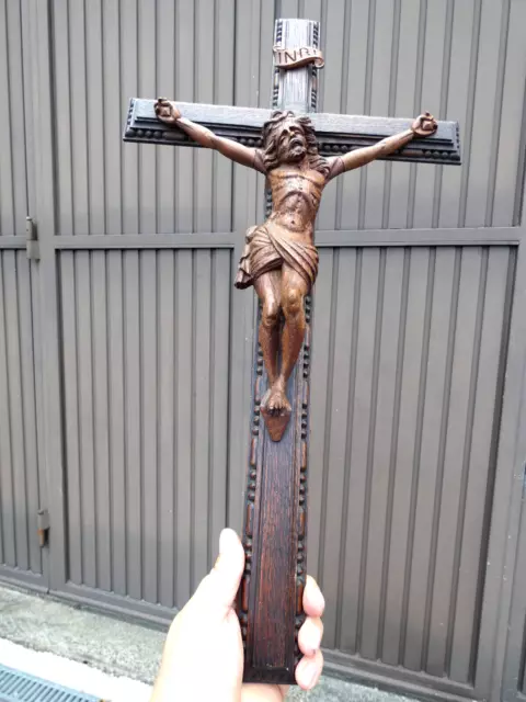 Antique French wood carved crucifix corpus christ religious