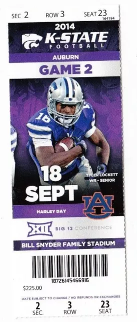 2014 Kansas State Wildcats Vs Auburn Tigers Ticket Stub 9/18/14 Football