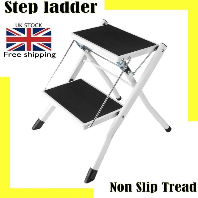 Two Step Folding Steel Frame Stool Ladder Safety Anti Slip Rubber Mat Tread Uk
