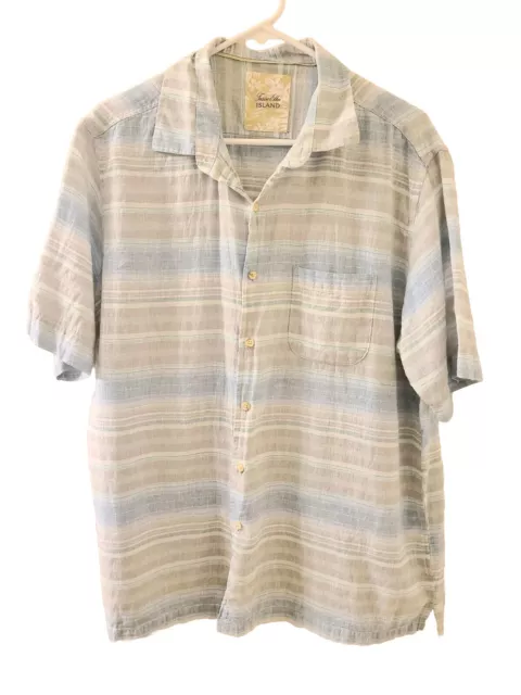 Tasso Elba Shirt Mens Large Blue Linen Short Sleeve Button Up Hawaiian Casual
