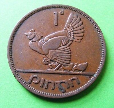 Irish 1949 One Penny Coin Old Vintage Ireland 1d Hen Chicks Celtic Harp Original