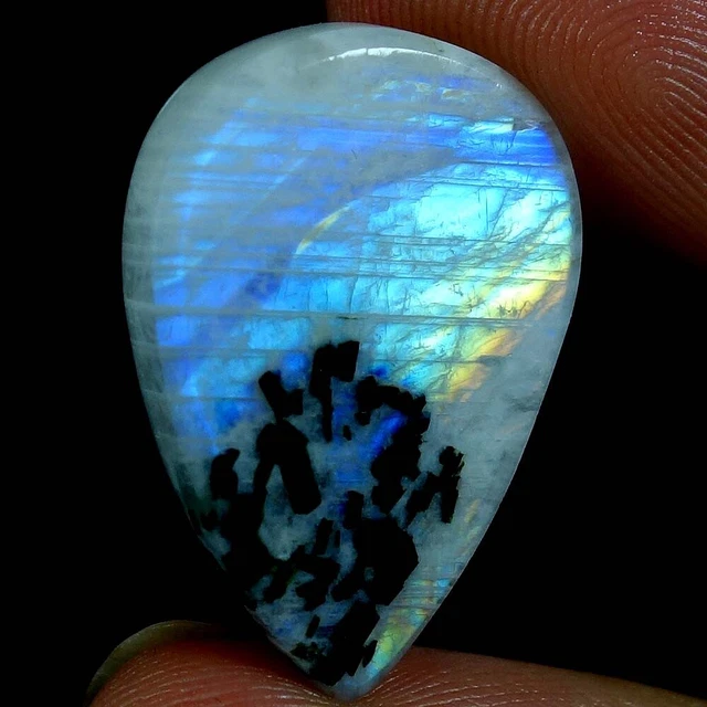 22.30Cts. 100% Natural Black Tourmaline Moonstone Pear Cab Gemstone 17x 24x 07mm