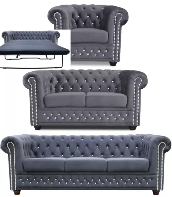 Chesterfield Set 1+2+3 Sitzer Sessel Sofa Stoff Graphit Kristalsteine Büromöbel