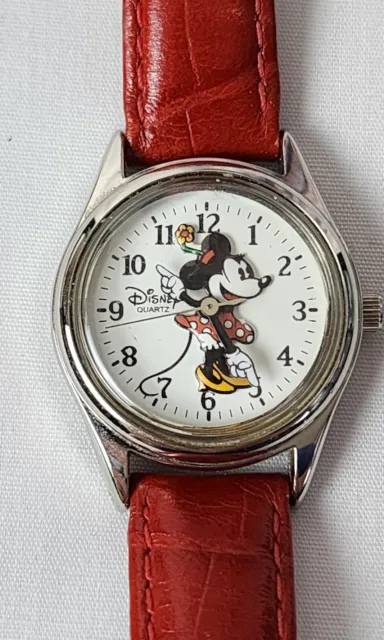 Vintage Genuine Disney Minnie Mouse Quartz Watch Leather Band Working