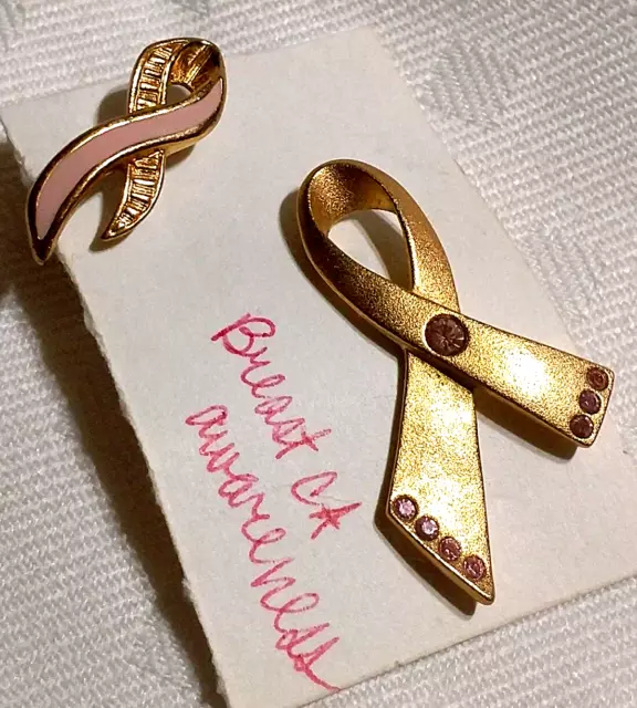 2 VTG Enamel Lapel Pins Pair Avon Pink Stones Breast Cancer Awareness Symbol