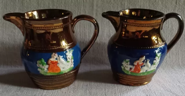 2 Antique Copper Luster Pitchers Creamers England Lusterware Raised Scene c.19th