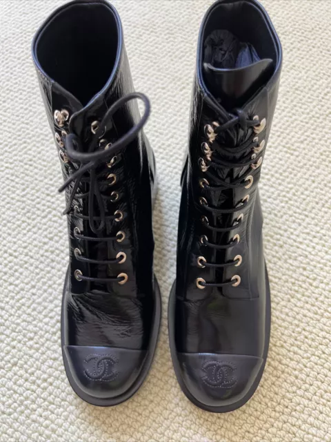 AUTH. CHANEL BLACK Leather Cc Logo Lace Up Combat Boots 38