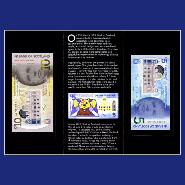 AA 002282 - Bank of Scotland 1st Polymer £5 & £10 Low No. Note Pair Pack of 2016