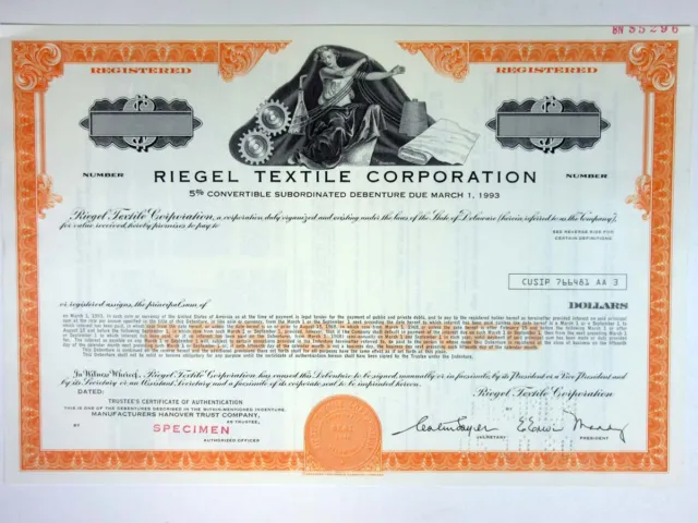 Riegel Textile Corp., 1980 $Odd Registered 5% Debenture Specimen Bond, XF SCBNC