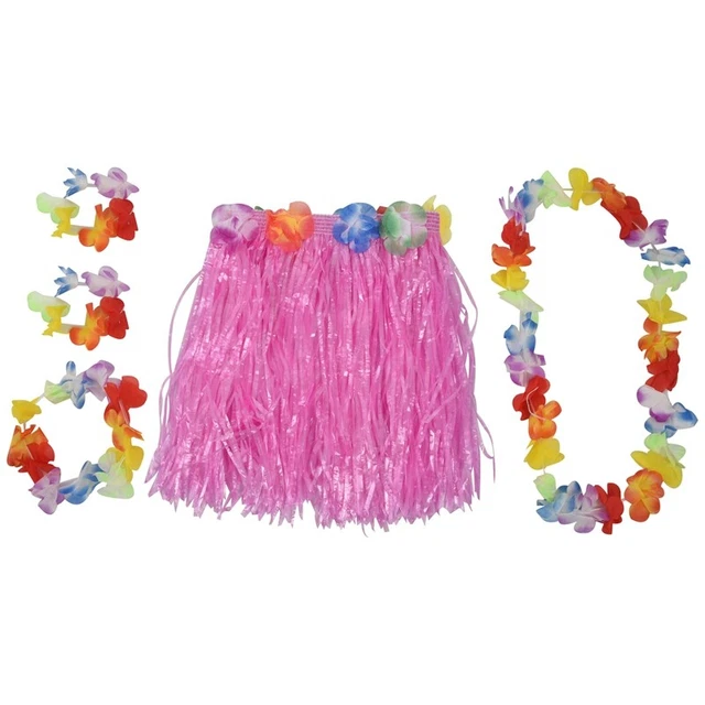 Set Pink Children Hawaiian Grass Skirt Hula Luau Party U7E4E4