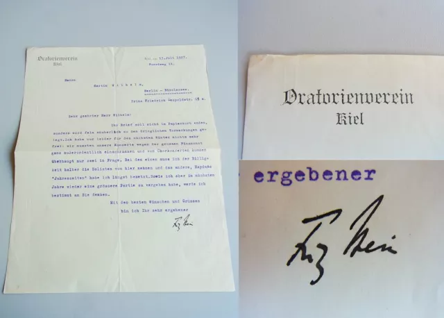 Kirchenmusiker Fritz Piedra (1879-1961): Firmado Breve Kiel 1927 , Absage An