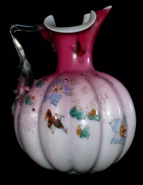 Antique Victorian Cased Enamelled Pink Satin Glass Pitcher By Thomas Webb