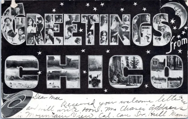 Large Letter Greetings from Chico, California - Vintage udb Postcard - Moon Face