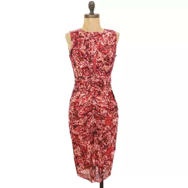 VINCE CAMUTO Mesh Ruched Bodycon Dress Size 2 Red Printed Sleeveless NWT B37