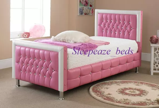 Princess Girls Pink & White Faux Leather Diamante Bed 3ft Best Price UK Made new
