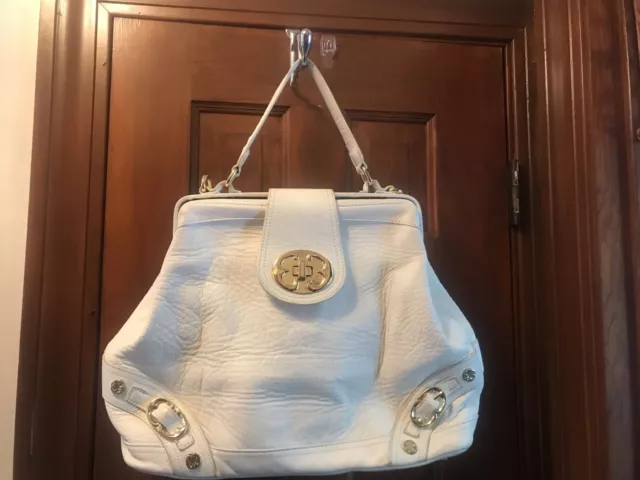 EMMA FOX leather newport frame satchel handbag Off White Cream Beige Gold