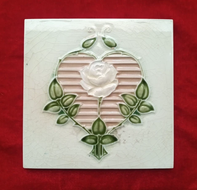 1 Piece Old Art Flower Design Embossed Majolica Ceramic Tiles England 0332