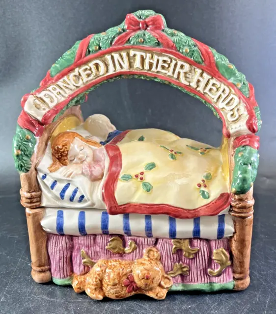 1993 Fitz & Floyd Christmas Kids Teddy Bear Bed Doll Ceramic Lidded Candy Dish