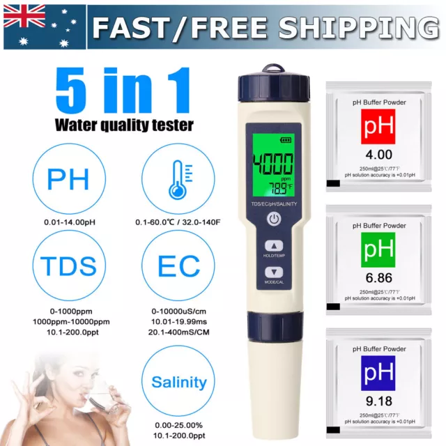 5 in 1 PH EC TDS Salinity Temp Meter LCD Digital Water Quality Monitor Tester AU