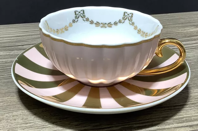 MOR Cosmetics Marshmallow Pink & Real Gold Quality Porcelain High Tea Cup Saucer