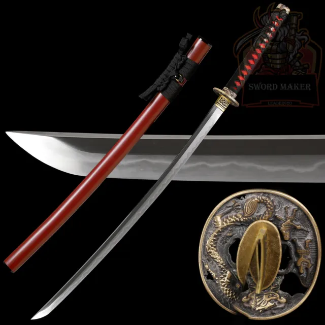 Japanese Katana Sword Full Tang T10 Steel Clay Tempered Real Hamon Red Saya
