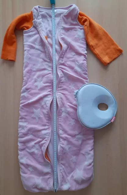 Babyschlafsack ca. 96 cm lang mit selbst angenähten Ärmeln und einem Babykissen