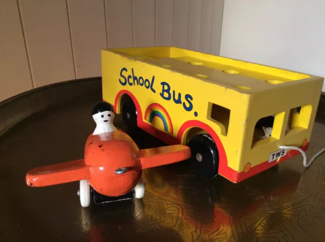 Vintage Wooden Pull Along Wooden Toys School Bus And Plane