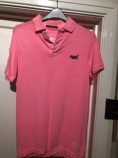 SUPERDRY MENS VINTAGE Sleeve bright pink polo shirt size medium 19” pit ...