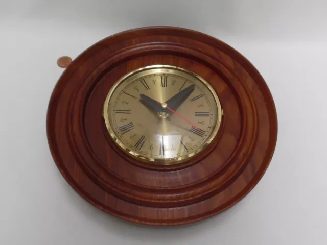 60/70s TEAK & BRASS WALL CLOCK, Vintage TURNED SOLID WOOD, Retro BATTERY QUARTZ