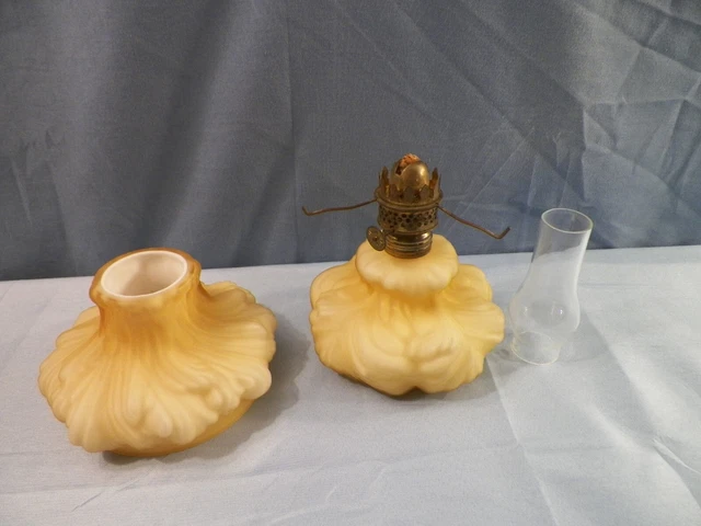 Fenton Satin Honey Amber Overlay Cased Glass Plume Mini Miniature Oil Lamp 2