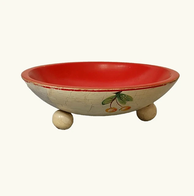 VTG  Hand Painted Footed Wooden Bowl Red, Cherries & FRuit