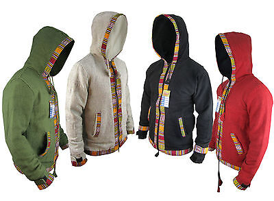 Hippy Festival Baja Cotton Boho Fleece Lined Zip Winter Ethnic Hoodie Jacket