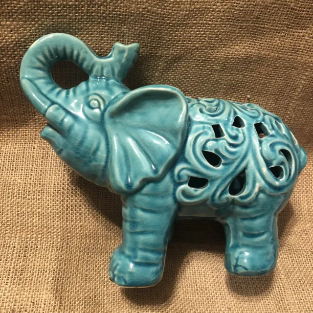 Elephant Teal Ceramic Reticulated statement piece 10"