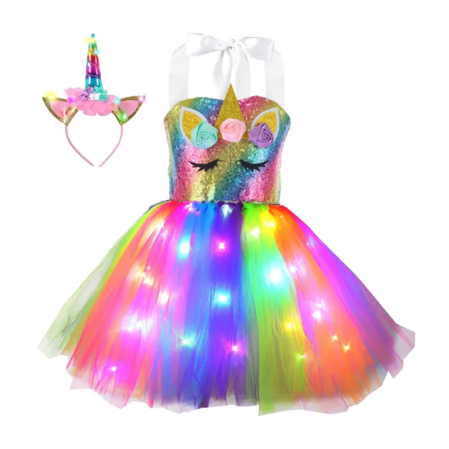 LED Girl Glow Unicorn Dress Costume Lights Tutu Fancy Ballet Party Rainbow Tulle