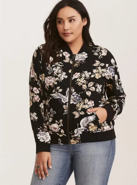 Torrid Womens Twill Bomber Jacket Black Floral Print Pockets Full Zip Size 2