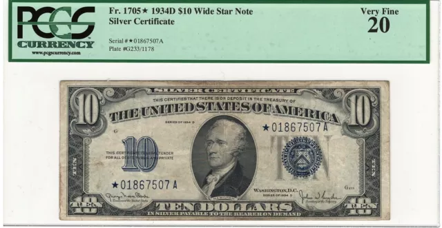 Fr.1705* 1934 D WIDE $10 DOLLAR SILVER CERTIFICATE BLUE SEAL NOTE PCGS VF STAR